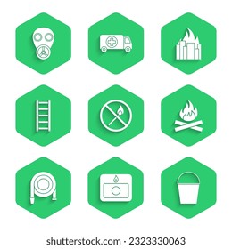 Set No fire match, Fire alarm system, bucket, Campfire, hose reel, escape, in burning buildings and Gas mask icon. Vector