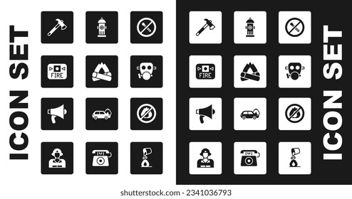 Set No fire match, Campfire, Fire alarm system, Firefighter axe, Gas mask, hydrant,  and Megaphone icon. Vector