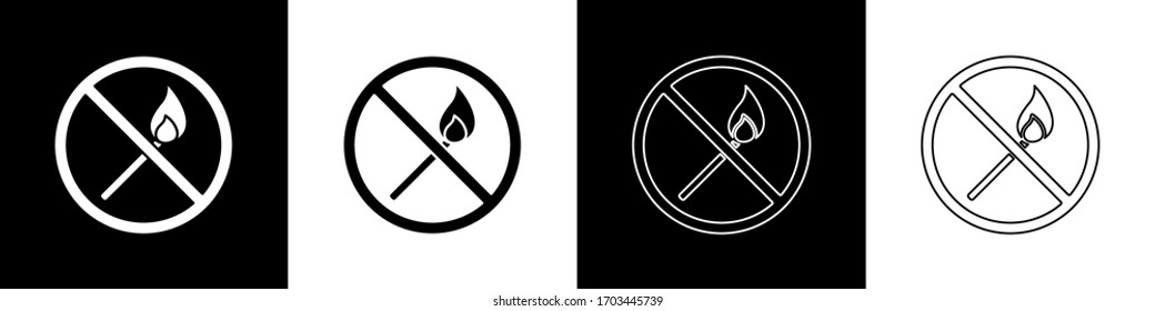 Ajuste el icono de no fuego aislado en fondo blanco y negro. No hay llama abierta. Se cruzó la partida en círculo. Ilustración vectorial