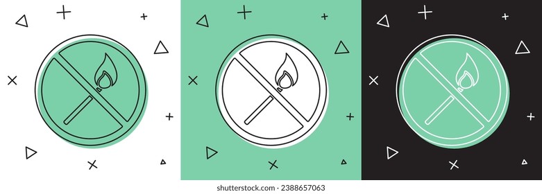 No hay ningún icono de coincidencia de incendios aislado en fondo blanco y verde y negro. No hay llama abierta. Se cruzó la partida en círculo.  Ilustración vectorial