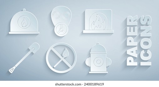 Set No fire match, Interior fireplace, Fire shovel, hydrant, Gas mask and Firefighter helmet icon. Vector