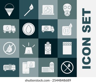 Set No fire match, Open matchbox and matches, Electric wiring of socket in, Interior fireplace, Water drop, delivery truck, Fire cone bucket and Ambulance emergency car icon. Vector