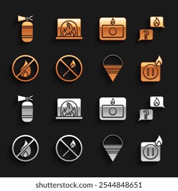 Set No fire match, Phone with emergency call 911, Electric wiring of socket in, Fire cone bucket, alarm system, extinguisher and Interior fireplace icon. Vector