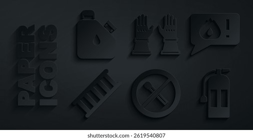 Set No fire match, Telephone call 911, Fire escape, extinguisher, Firefighter gloves and Canister fuel icon. Vector