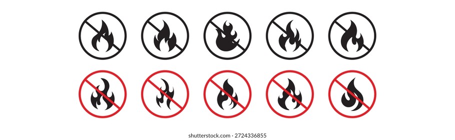 Conjunto de Icono de Seguridad Prohibida Sin Fuego. Icono de señal de advertencia de prohibición de incendios Vector mínimo. No hay llamas abiertas señal de prohibición Ilustración vectorial escalable eps icono advertencia de seguridad