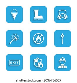 Set No fire, Fire protection shield, Firefighter, Burning match with, exit, axe, Gas mask and cone bucket icon. Vector