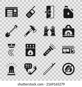 Set No fire, Fire truck, Interior fireplace, exit, Firefighter axe, shovel, Building of station and gloves icon. Vector