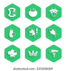 Set No fish, Leaf, Carrot, Fish, Vegan food diet, Eggplant, Cow head and leather icon. Vector