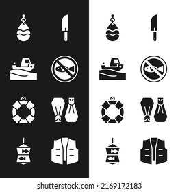 Set No fishing, Fishing boat on water, spoon, Knife, Lifebuoy, Rubber flippers for swimming, jacket and net with icon. Vector