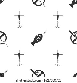 Set No fishing, Fish on hook and Fishing hook and float on seamless pattern. Vector