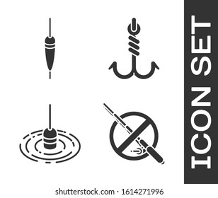 Set No fishing, Fishing float, Fishing float in water and Fishing hook icon. Vector