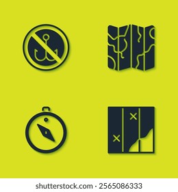 Set No fishing, Folded map, Compass and  icon. Vector