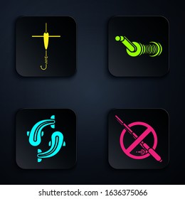 Set No fishing, Fishing hook and float, Fish and Spinning reel for fishing. Black square button. Vector