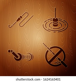 Set No fishing, Fishing line with hook and float, Spinning reel for fishing and Fishing float in water on wooden background. Vector