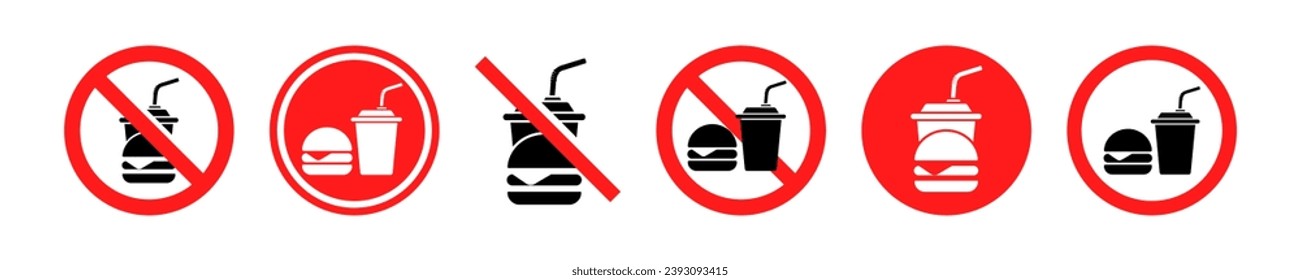 Conjunto de señales no portadoras de alimentos. Etiqueta roja que prohíbe comer y beber.
