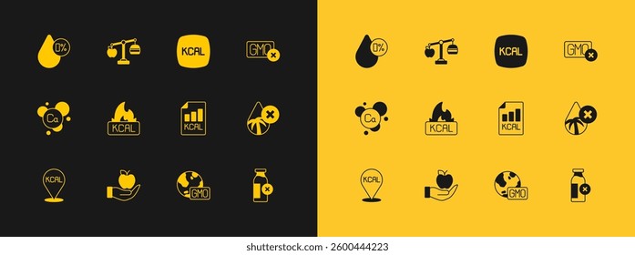 Set No GMO, Apple, Diet plan, Kcal, Water balance and Calorie calculator icon. Vector