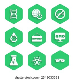 Set No GMO, Biohazard symbol, Laboratory glasses, Test tube and flask,  and DNA icon. Vector