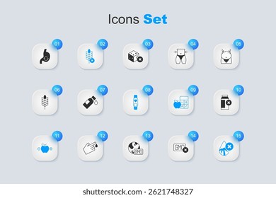 Conjunto sin OMG, botella de agua, grano sin gluten, calculadora de calorías, aceite de palma, intolerancia a la lactosa, salud del estómago humano y reloj inteligente con icono del corazón. Vector
