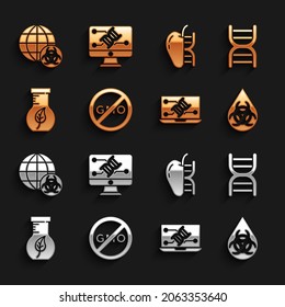 Set No GMO, DNA symbol, Genetic engineering modification, Test tube and flask, Genetically modified apple,  and  icon. Vector