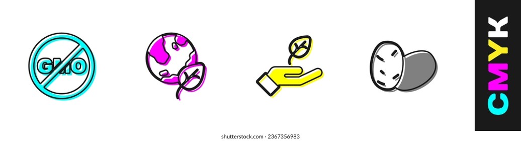 No ajustar GMO, globo terrestre y hoja, Planta en mano e icono de Papa. Vector