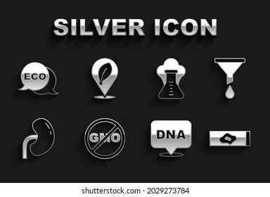 No establecer GMO, Embudo o filtro, Prueba de sangre y virus, símbolo de ADN, riñón humano, explosión química, Etiqueta para comida saludable ecológica y Ubicación con icono de hoja. Vector