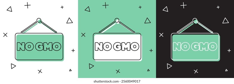 Set No GMO icon isolated on white and green, black background. Genetically modified organism acronym. Dna food modification.  Vector