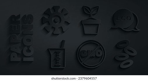 Set No GMO, Etiqueta para alimentos ecológicos saludables, vaso de vidrio de laboratorio, Hemoglobina, maceta vegetal e ícono de bacterias. Vector