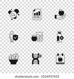 Set No GMO, Lactose intolerance, Diet plan, Calorie calculator, Apple, Calcium,  and Healthy lifestyle icon. Vector