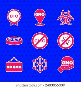 Set No GMO, Stop, Petri dish with bacteria, Biohazard symbol and Label for bio healthy food icon. Vector