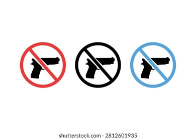 Set of no gun signs, prohibition icons with handguns, vector illustration of forbidden weapon symbols in red, black and blue colors