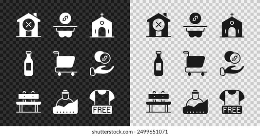 Set No house, Donation money, Church building, Bench, Growth of homeless, Clothes donation, Bottle water and Shopping cart icon. Vector