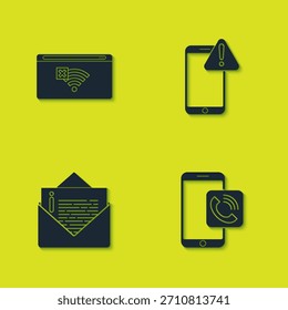 Set No Internet connection, Mobile phone call, Envelope and with exclamation mark icon. Vector