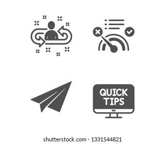 Set of No internet, Paper plane and Recruitment icons. Web tutorials sign. Bandwidth meter, Airplane, Manager change. Quick tips.  Classic design no internet icon. Flat design. Vector