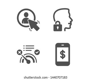 Set of No internet, User and Unlock system icons. Smartphone payment sign. Bandwidth meter, Project manager, Access granted. Mobile pay.  Classic design no internet icon. Flat design. Vector