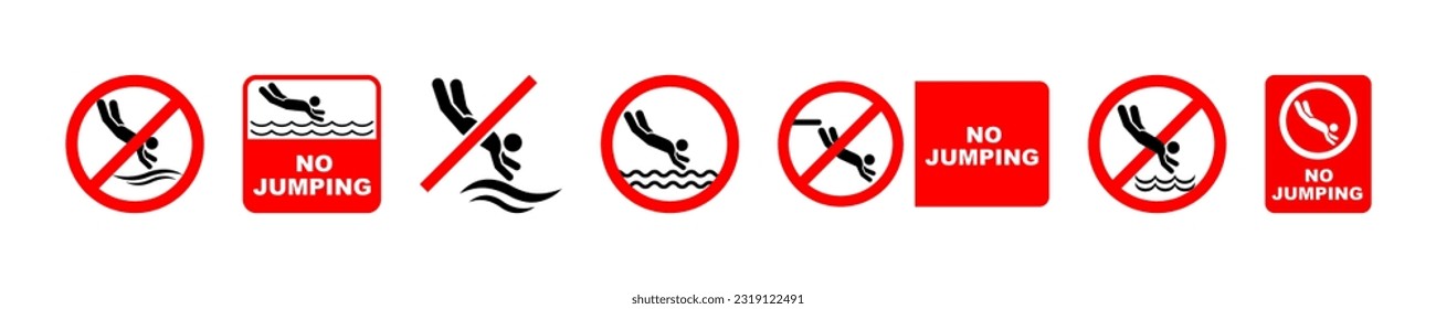 Set of no jumping in water vector labels or stickers. Ban to diving. No jumping on pool. Red prohibited, forbidden or prohibition signs.