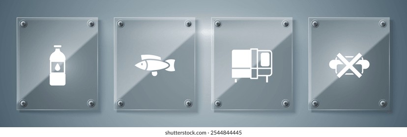 No hay comida chatarra, cama, pescado y botella de agua. Paneles de vidrio cuadrados. Vector