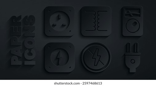 Set No lightning, Ampere meter, multimeter, Lightning bolt, Electric plug, Electrical transformer and outlet icon. Vector