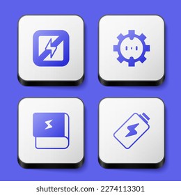 Set No lightning, Electrical outlet, Book about electricity and Battery charge icon. White square button. Vector