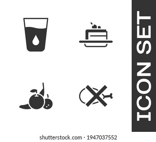 Set No meat, Glass with water, Fruit and Cake icon. Vector
