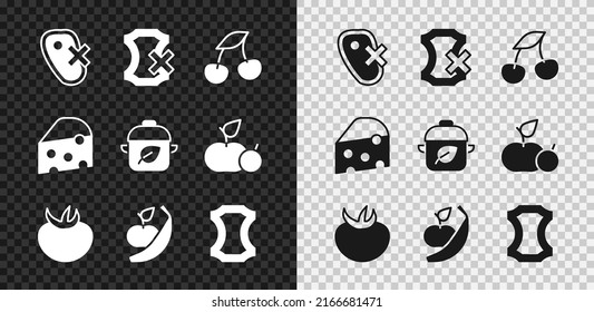 Set No meat, leather, Fresh berries, Tomato, Apple and banana, Leather, Cheese and Vegan food diet icon. Vector