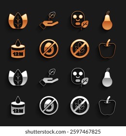 Set No meat, Pear, Apple, Gluten free grain, Organic cosmetic, Facial mask, Leaf or leaves and Plant hand icon. Vector
