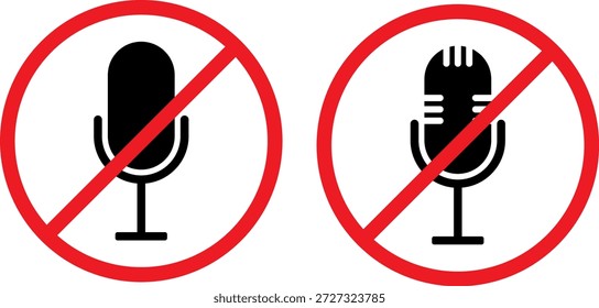 Set of No Microphone and Mute Prohibition Icons with Red Warning Circles for Privacy and Audio Control Alerts