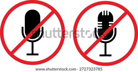 Set of No Microphone and Mute Prohibition Icons with Red Warning Circles for Privacy and Audio Control Alerts