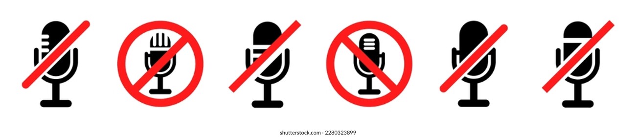 Set of no microphone vector icons. Off audio. Muted sound. Prohibition record. Stop voice.