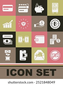 Set Kein Geld, Papier oder Finanzscheck, Bitcoin, Sparschwein mit, Diamant, Finanzielle Wachstumssteigerung, Kreditkarte und Hand geben Symbol. Vektorgrafik
