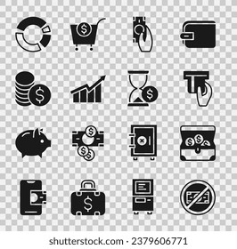 Set No money, Treasure chest, Credit card inserted, Fast payments, Financial growth increase, Coin with dollar, Pie chart infographic and Hourglass icon. Vector