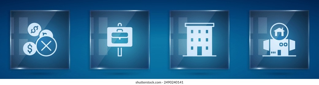 Set No money, Work search, Multi storey building and Homeless cardboard house. Square glass panels. Vector