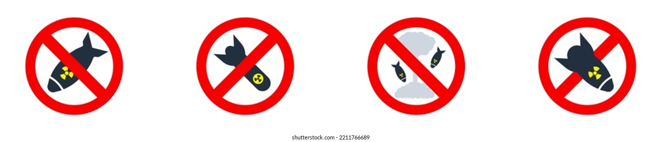 Set Of No Nuclear Bomb Vector Icons. Red Prohibition Icon With Atom Bomb. Ban Nuke. No Radiation. 