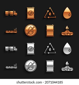 Set No oil drop, Oil, Alcohol or spirit burner, Barrel, tanker ship, with recycle, Tanker truck and Bio fuel barrel icon. Vector