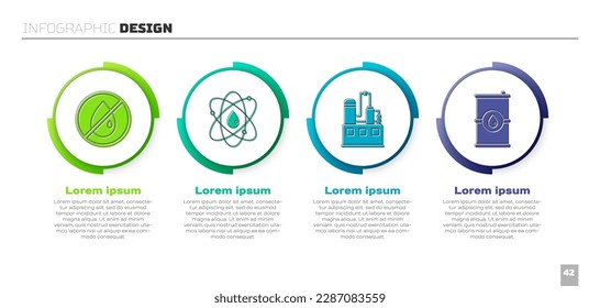 No hay caída de petróleo, Atom, construcción de fábricas industriales de petróleo y aceite de barril. Plantilla de infografía empresarial. Vector